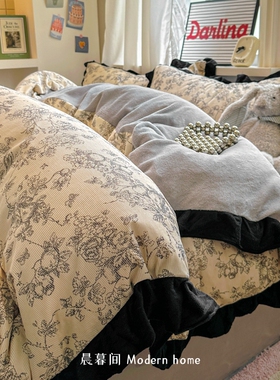 法式复古赫本风灯芯绒花边牛奶绒四件套珊瑚绒立体提花宿舍三件套