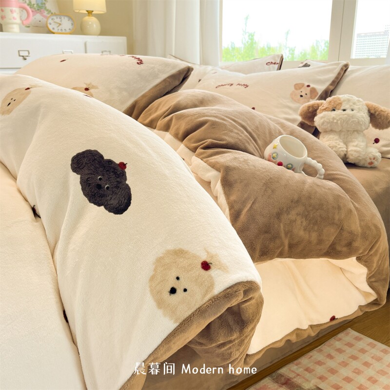 冬季床上牛奶绒四件套珊瑚绒被套双面加绒加厚毛绒床单宿舍三件套