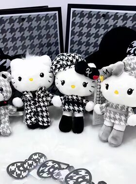 日本复古千鸟格白黑HelloKitty长腿公仔挂件少女包包挂件毛绒玩偶