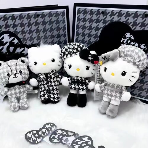 日本复古千鸟格白黑HelloKitty长腿公仔挂件少女包包挂件毛绒玩偶