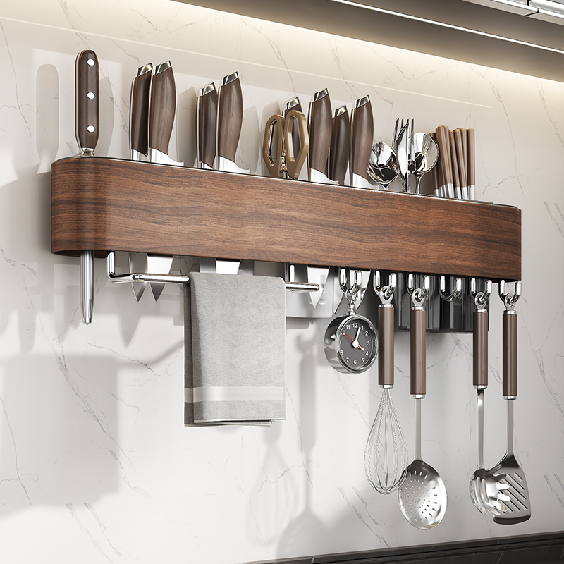 木纹不锈钢厨房置物架壁挂免打孔筷笼一体刀具锅铲收纳架子