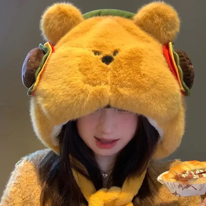 可爱汉堡小熊毛绒帽秋冬保暖