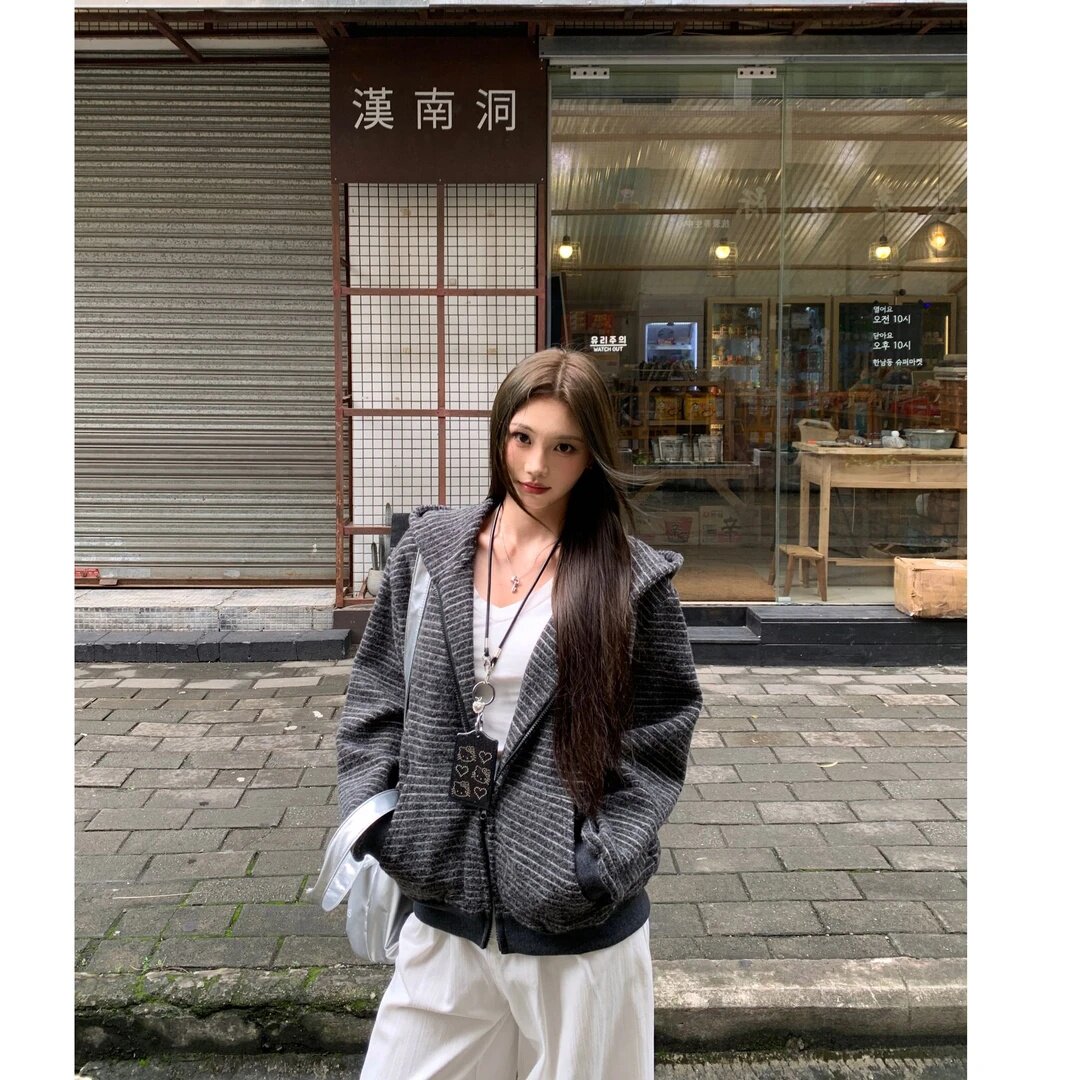 兔毛绒高品质条纹外套男女新款秋季拉链开衫连帽卫衣休闲宽松百搭