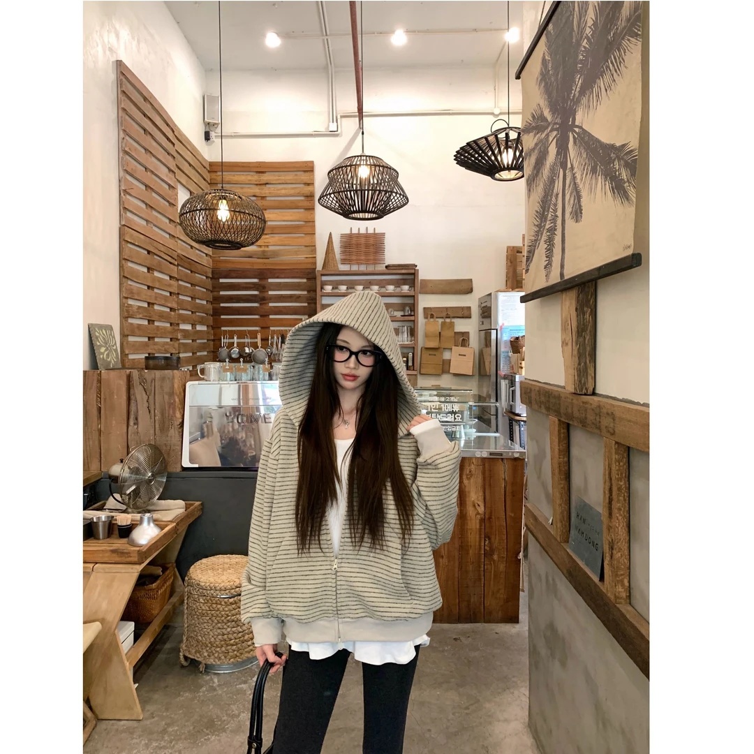 美式条纹连帽拉链外套小众休闲宽松开衫卫衣连帽2025春秋款外穿