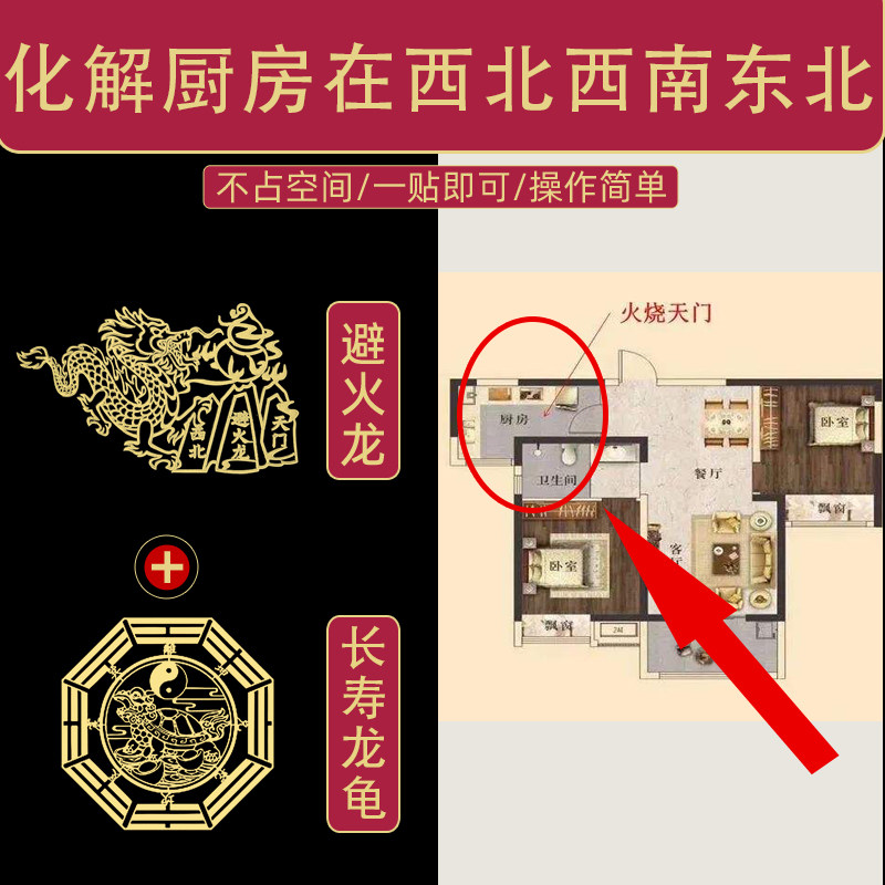 厨房在西南角化解避火龙西北东北角灶台摆件正东卫生间厕所门贴