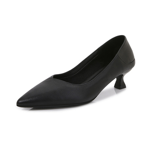 头层牛皮透气网纱内里小方格粗跟黑色矮跟舒适高跟鞋职业工作鞋女