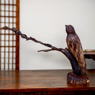 天然小叶降真香手工雕刻喜鹊小鸟梅花摆件喜上眉梢枝头鸣禽禅意搭