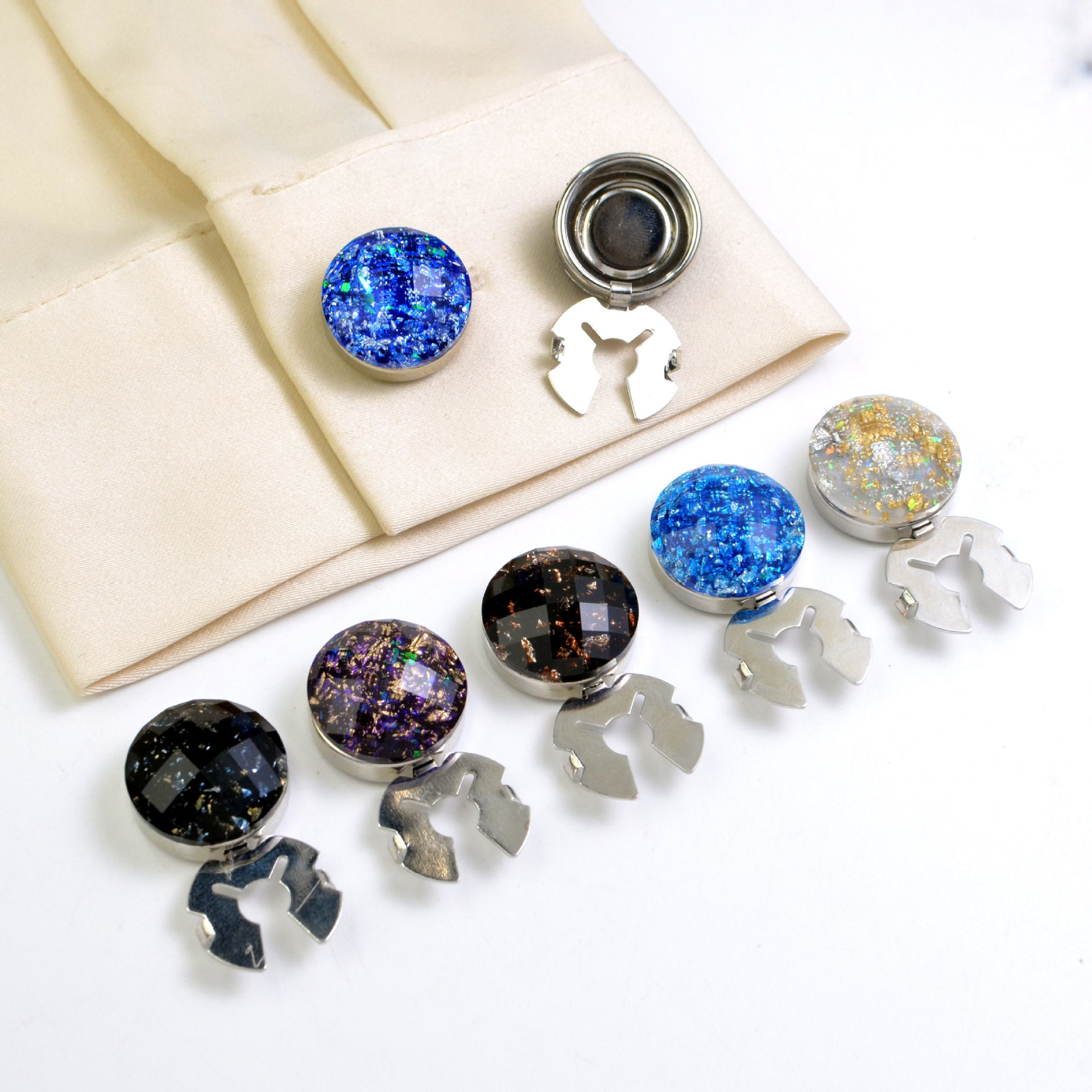 珍珠金箔彩珠衬衣袖扣纽扣盖花朵领扣钻饰扣纽扣套