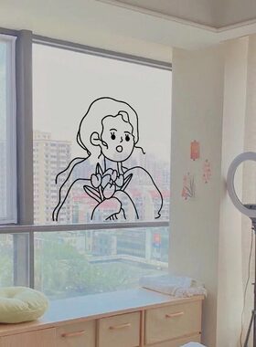 郁金香女孩简笔画墙贴服装店铺花店咖啡橱窗玻璃门背景墙装饰防水