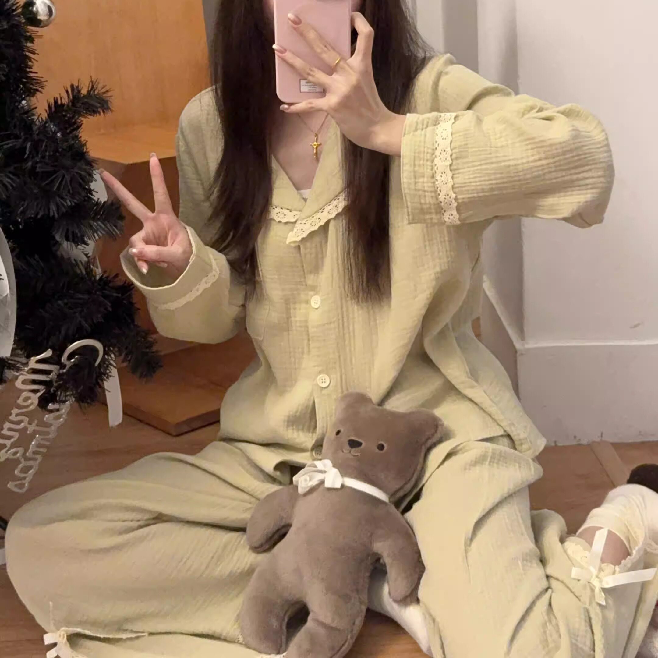 纯棉长袖翻领睡衣女套装甜美花边春秋季薄款婴儿棉纱布舒适家居服