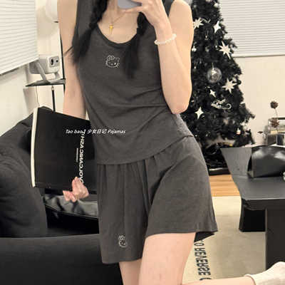 夏季背心短裤纯棉睡衣女带胸垫