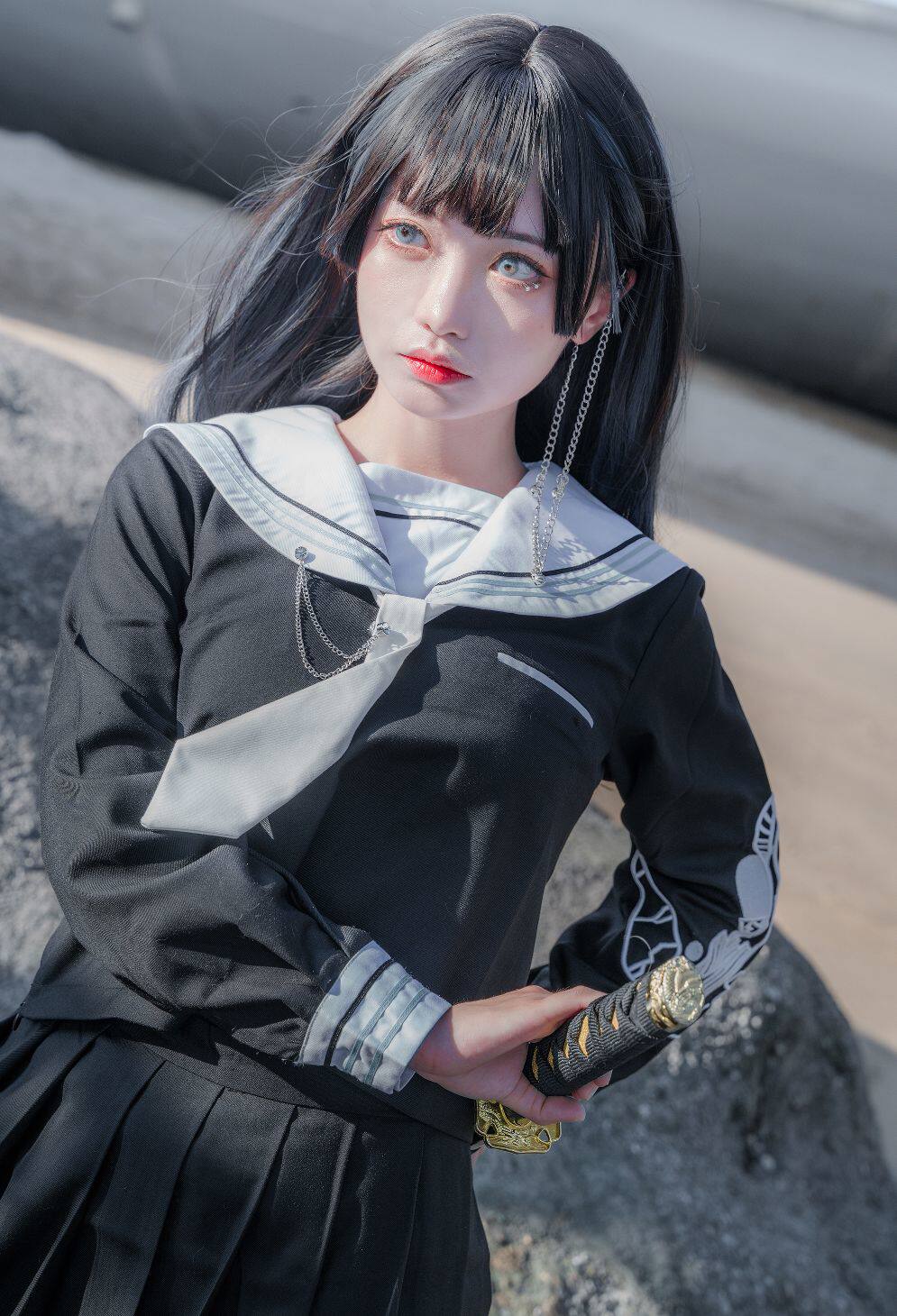 闭店清仓】原创jk制服jks中间服幽灵鲨不良刺绣上衣皮扣长裙套装