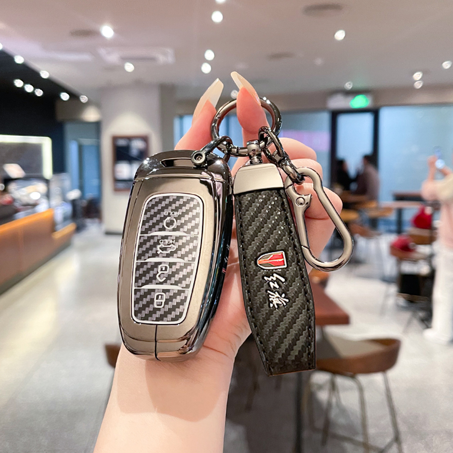 适用18-2025新款红旗H5钥匙套碳纤纹老H9高档男EHS9金属车壳扣包