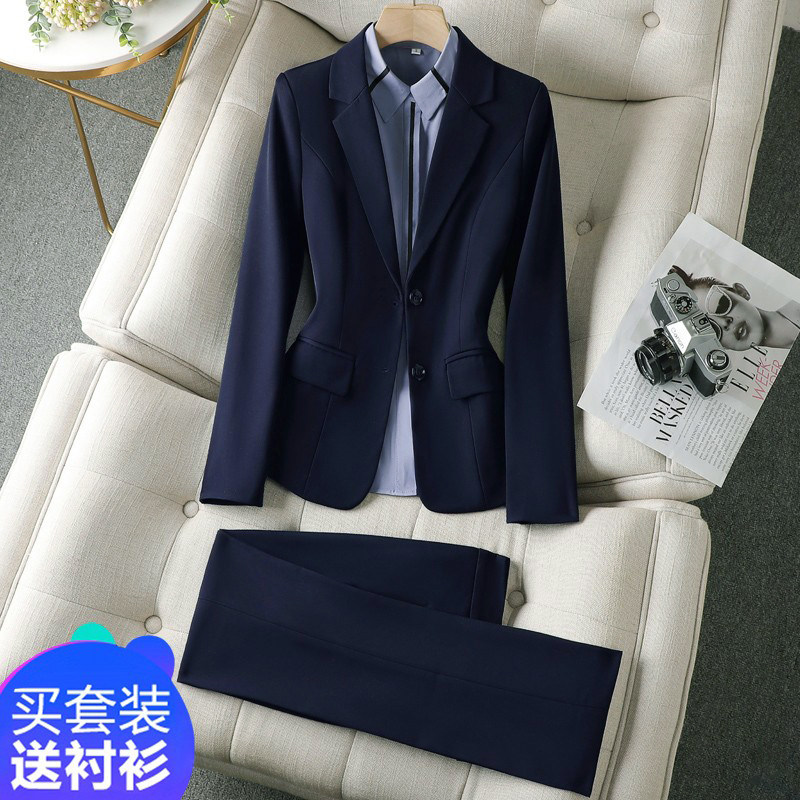 蓝色西装套装女气质春秋职业高端西服外套正装教师酒店前台工作服