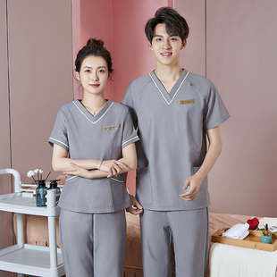 灰色美容院工作服男女同款夏季短袖养生馆技师服养发店头疗师工服