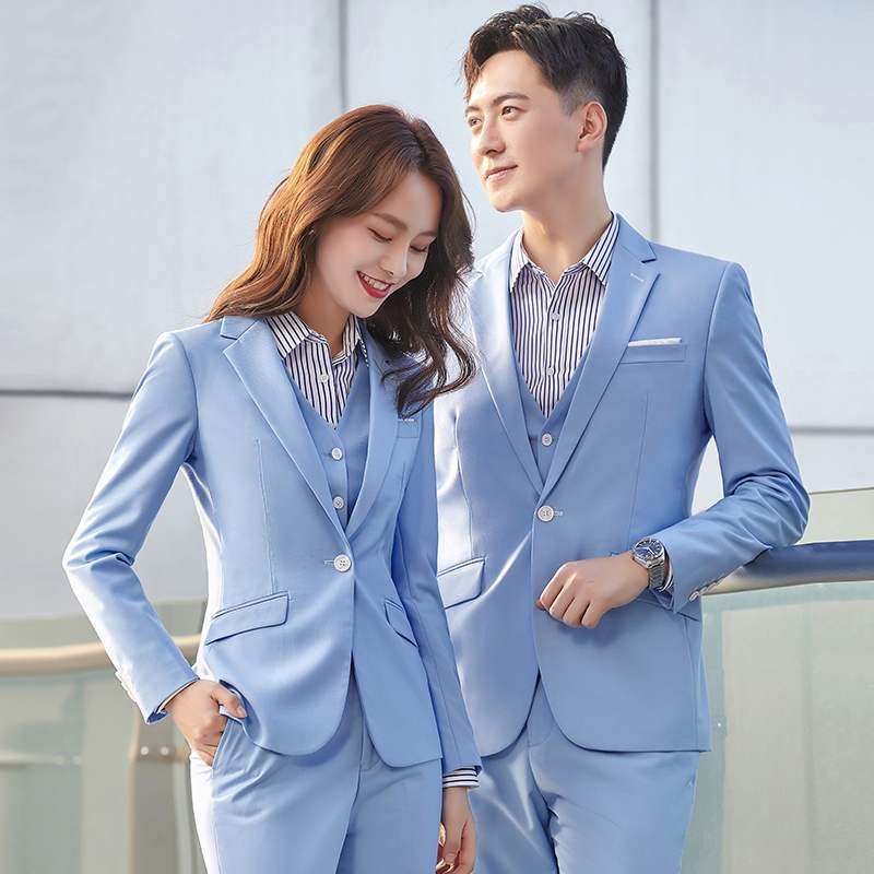 蓝色休闲气质修身西服男女同款西装商务职业套装上班主持人工作服