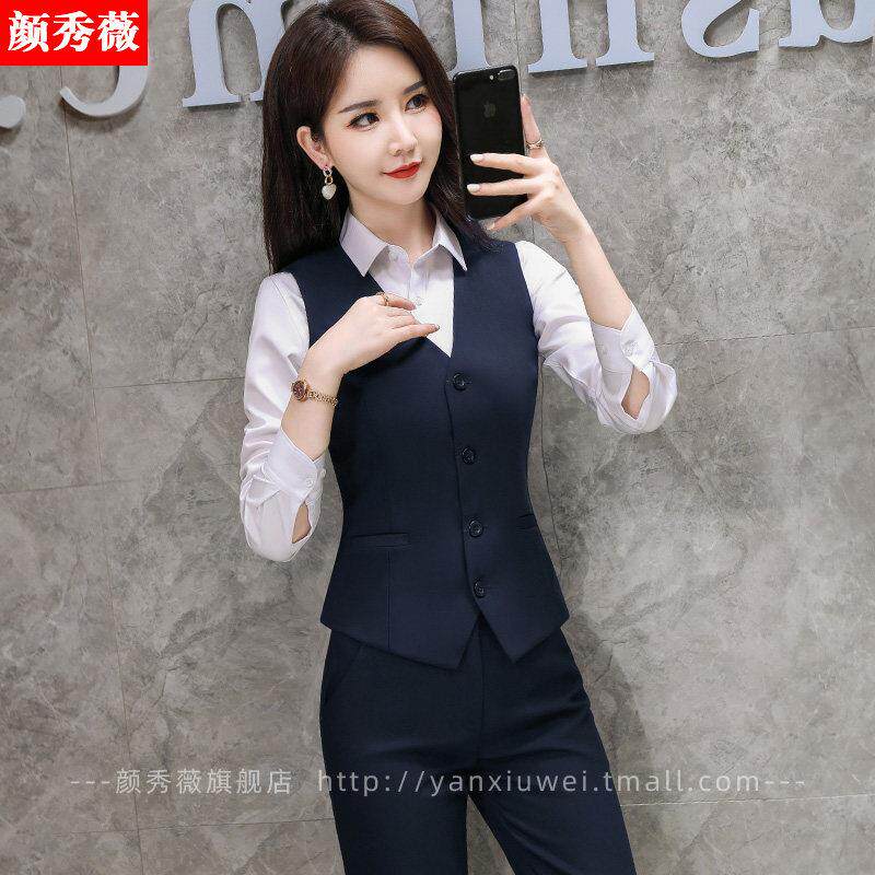 西装马甲套装女秋季正装短款马夹工作服时尚修身坎肩女工装三件套