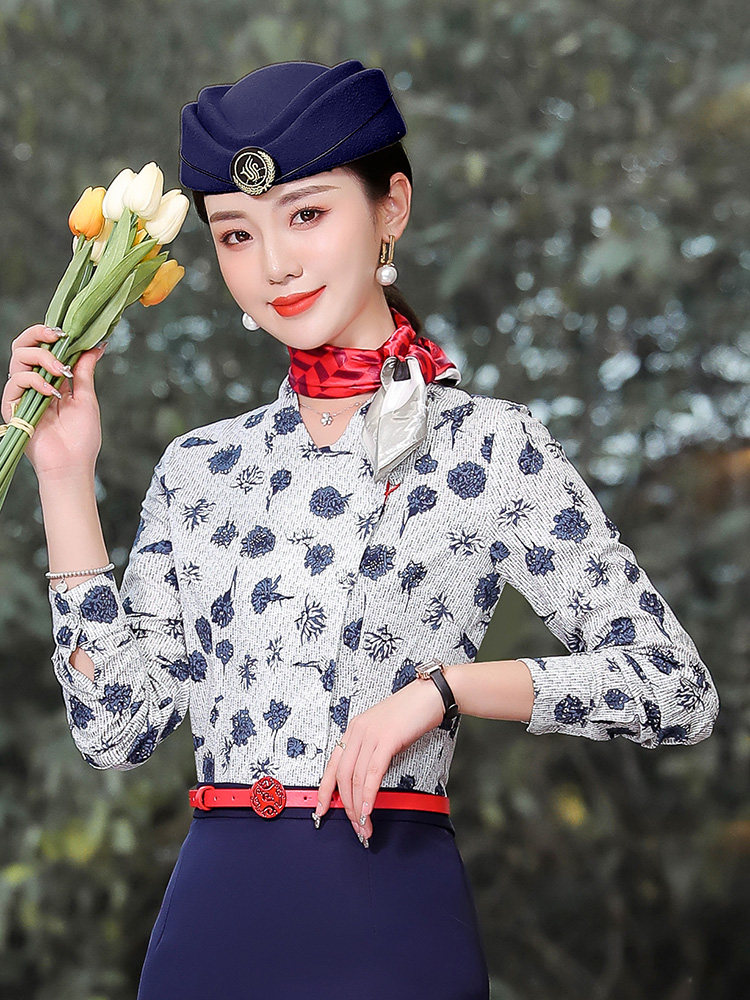 青花瓷衬衣东航空姐制服职业装美容师彩妆酒店前台工装售楼工作服