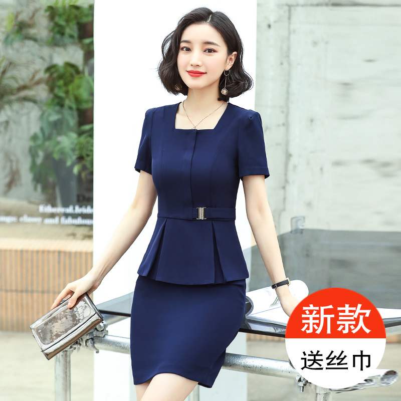 黑色职业装女套装气质高端大码工衣夏季短袖美容院酒店前台工作服图片