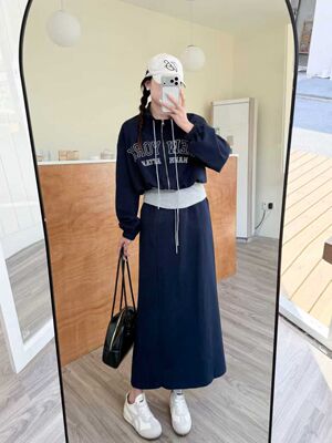 2026春秋新款时尚套装女韩系假两件字母卫衣+显瘦半身裙两件套潮