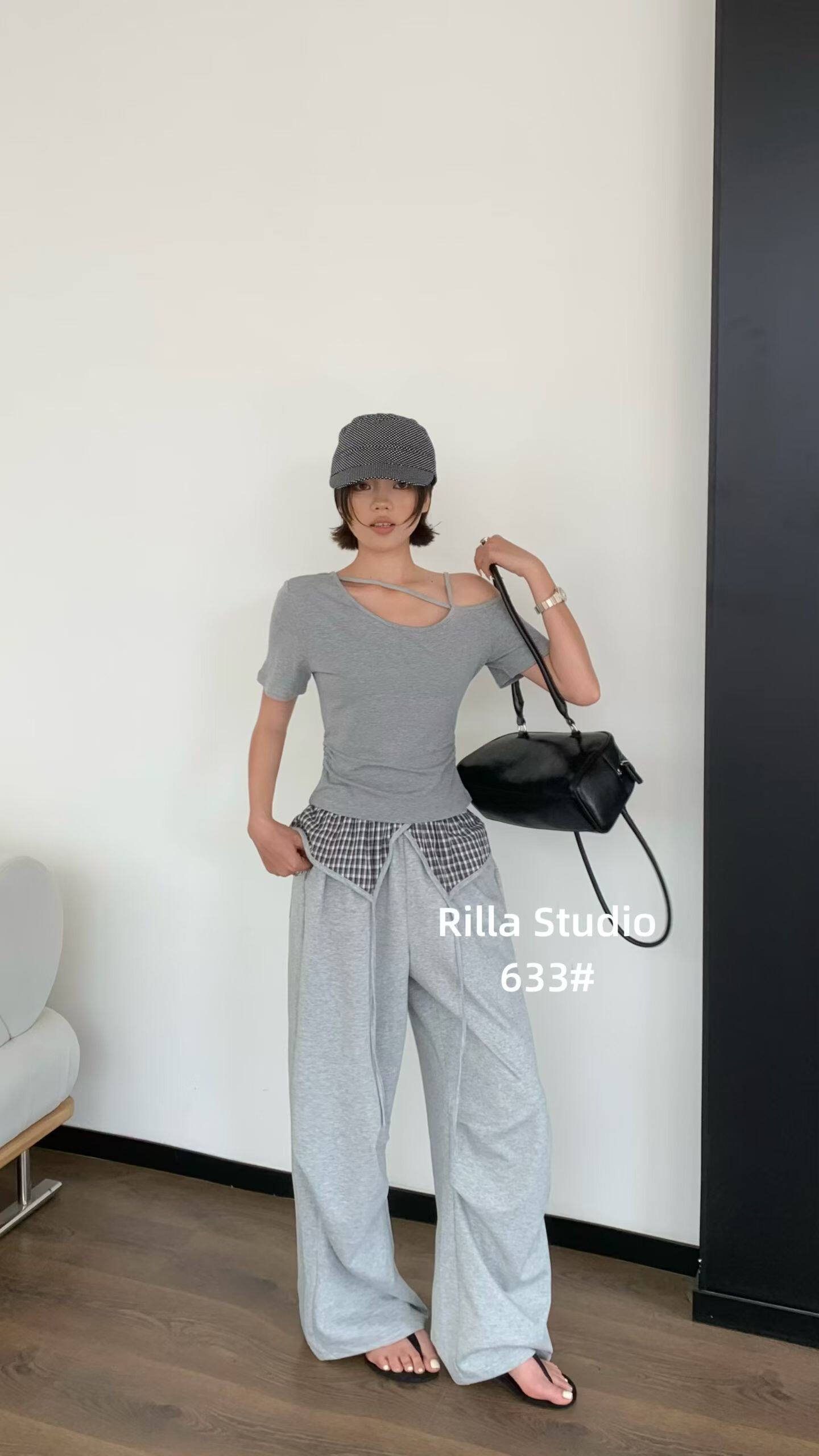 2026夏季新款时尚套装女不规则领短袖上衣+格子屁帘阔腿裤两件套