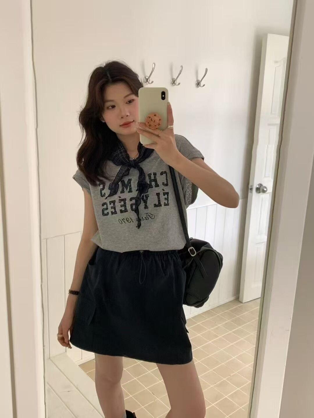 2025夏季新款时尚套装女丝巾字母印花短袖上衣+工装短裙三件套女