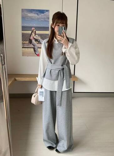 2026早春新款时尚套装女韩系绑带马甲+条纹衬衣+阔腿裤气质三件套