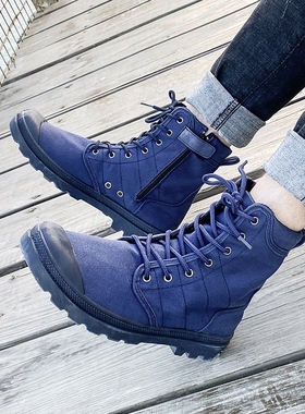 红豆倚蓝色高帮帆布鞋男鞋休闲运动鞋四季新款侧拉链马丁靴男靴子