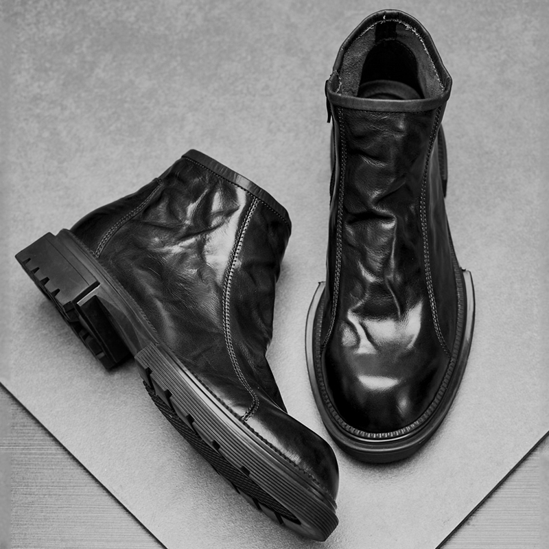 胎牛皮秋冬男靴2025新款高帮厚底