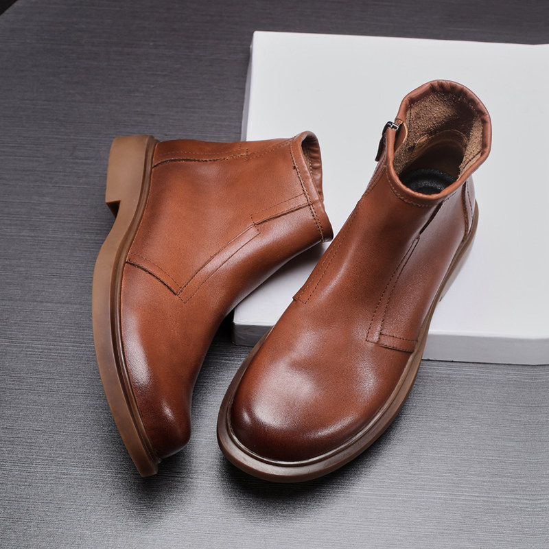 男士马丁靴秋冬季真皮平底中帮休闲靴子圆头拉链切尔西靴户外短靴