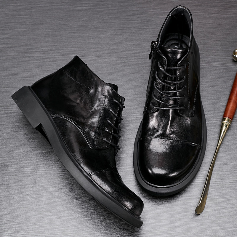 靴子男秋冬真皮中帮平底拉链马丁靴时尚百搭加绒短靴黑色圆头男靴