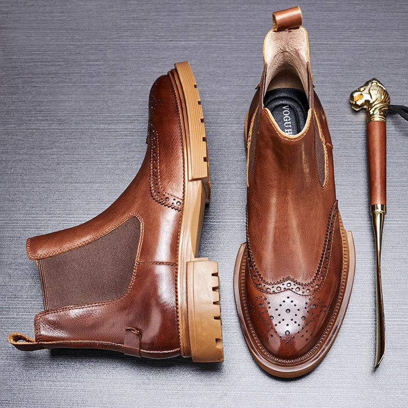 男士靴子2025冬季加绒布洛克切尔西靴时尚厚底靴子高帮套脚马丁靴