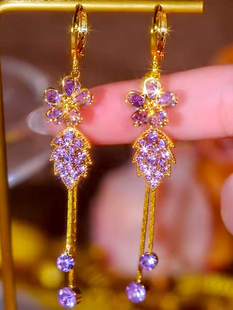 超闪紫色镶钻花朵树叶流苏耳环女网红爆款气质耳坠长款流苏耳环