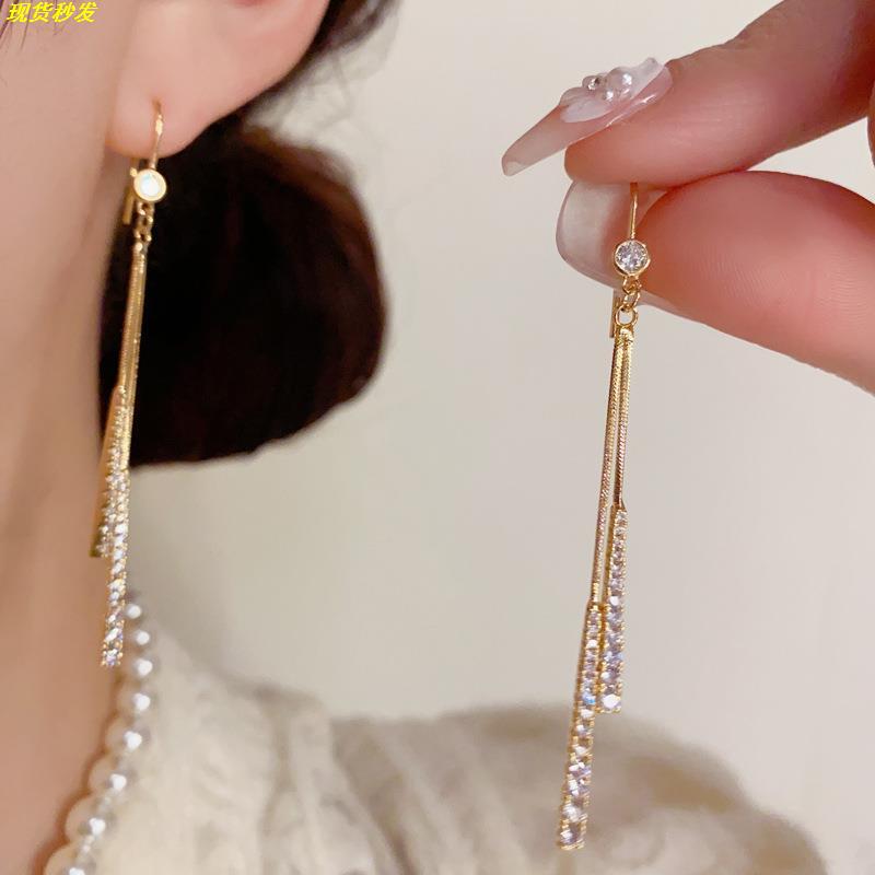 韩式镶钻长款流苏耳钩纯银针
