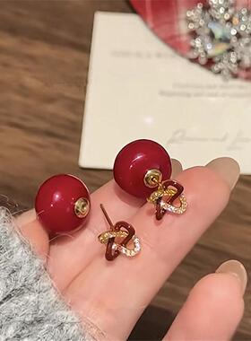 红色珍珠银下环925银针一款多戴同心结耳钉复古新中式小巧耳饰女