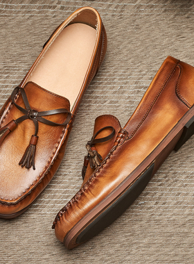 复古豆豆鞋夏季风牛皮男鞋真皮时尚潮百搭软底乐福鞋休闲皮鞋E113