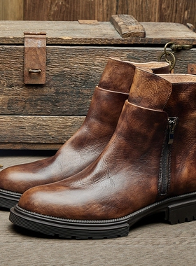 切尔西靴皮靴马丁靴男潮英伦厚底时装皮靴复古真皮高帮皮靴E123