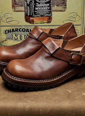 男士搭扣乐福鞋厚底孟克鞋套脚百搭英伦时尚潮通勤休闲皮鞋E322