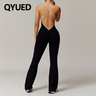 裸感交叉细肩带瑜伽连体服女美背缩褶微喇裤跑步运动健身一体体衣