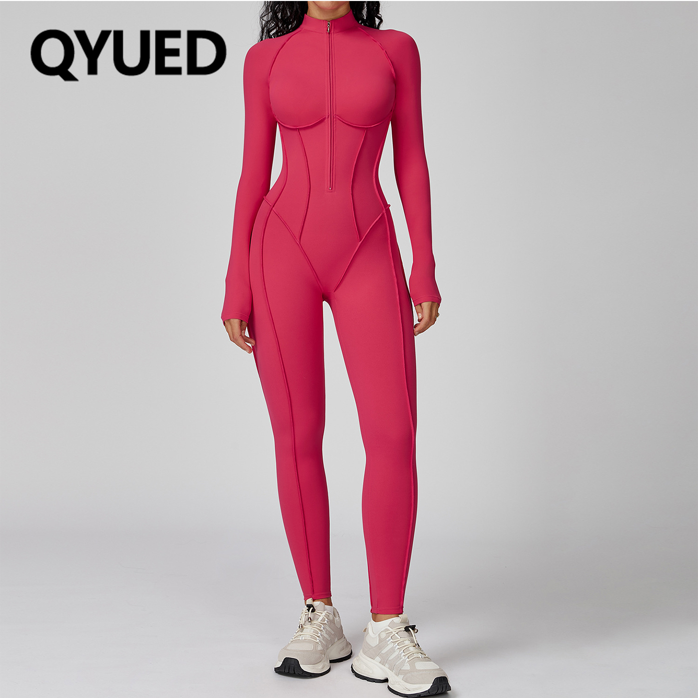 欧美撞立领线条瑜伽服连体