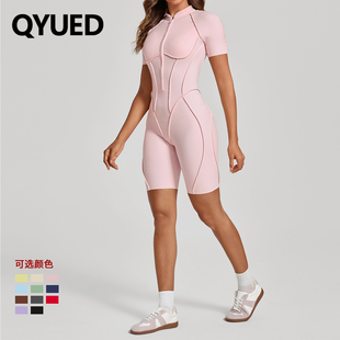 欧美拉链短袖镂空健身瑜伽连体服女带胸垫舞蹈紧身运动一体衣线条