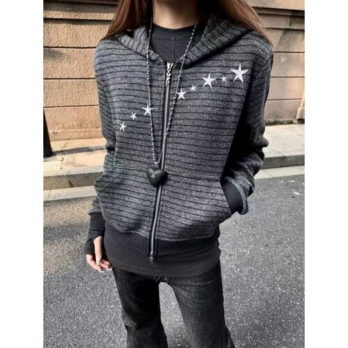 亚文化条纹星星开衫卫衣男女慵懒松弛感连帽拉链外套小众潮上衣潮