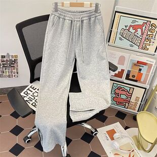 白灰色弯刀卫裤男款春夏美式侧边拉链微喇裤子直筒斜切休闲长裤潮