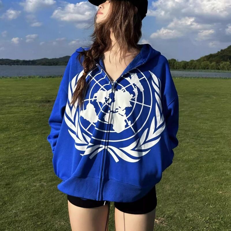 美式徽章创意印花重磅连帽开衫外套男百搭短宽设计拉链卫衣情侣潮