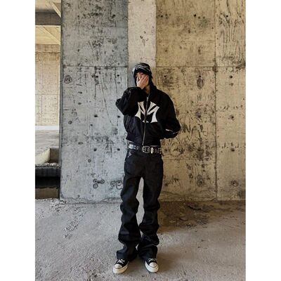 美式街头原创设计硬挺巨显瘦堆叠四线窄幅原牛微喇牛仔裤男女潮潮