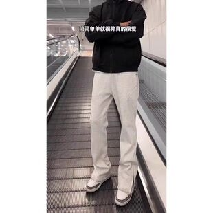 白灰色弯刀卫裤男款春夏美式侧边拉链微喇裤子直筒斜切休闲长裤潮