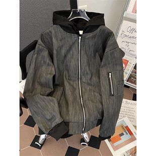 高级黑灰色纹理拉链连帽假两件皮夹克男款 街头宽松百搭外套pu皮衣