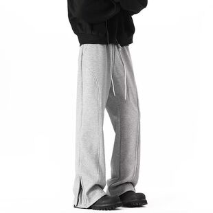 白灰色弯刀卫裤男款春夏美式侧边拉链微喇裤子直筒斜切休闲长裤潮