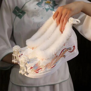 出租秋冬季古风加绒汉服鞋子女绣花鞋内增高明制高跟古装