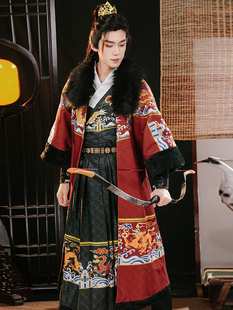 出租汉服明制拽撒襟袍半袖披袄裘衣可拆卸仿貉子毛领冬季男款